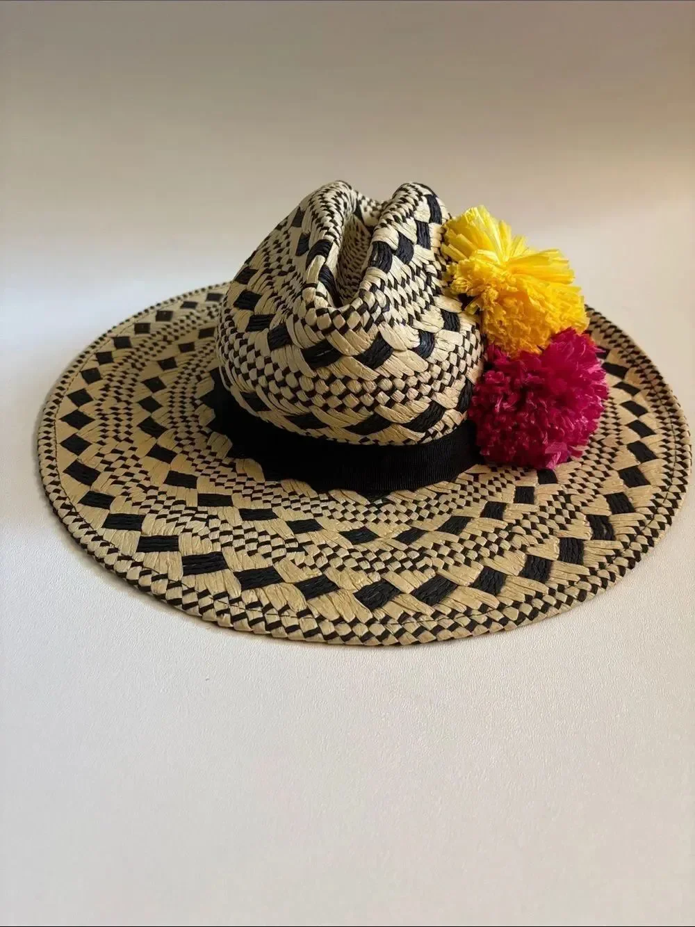 Vintage Helene Berman Resort Pom Pom Straw Hat ~ New With Tags ~ Made in Italy